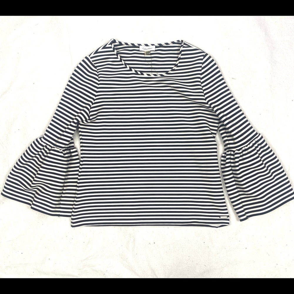 Calvin Klein Black White Striped Basic Tunic Blouse Long Bell Sleeve Sz M NWT.